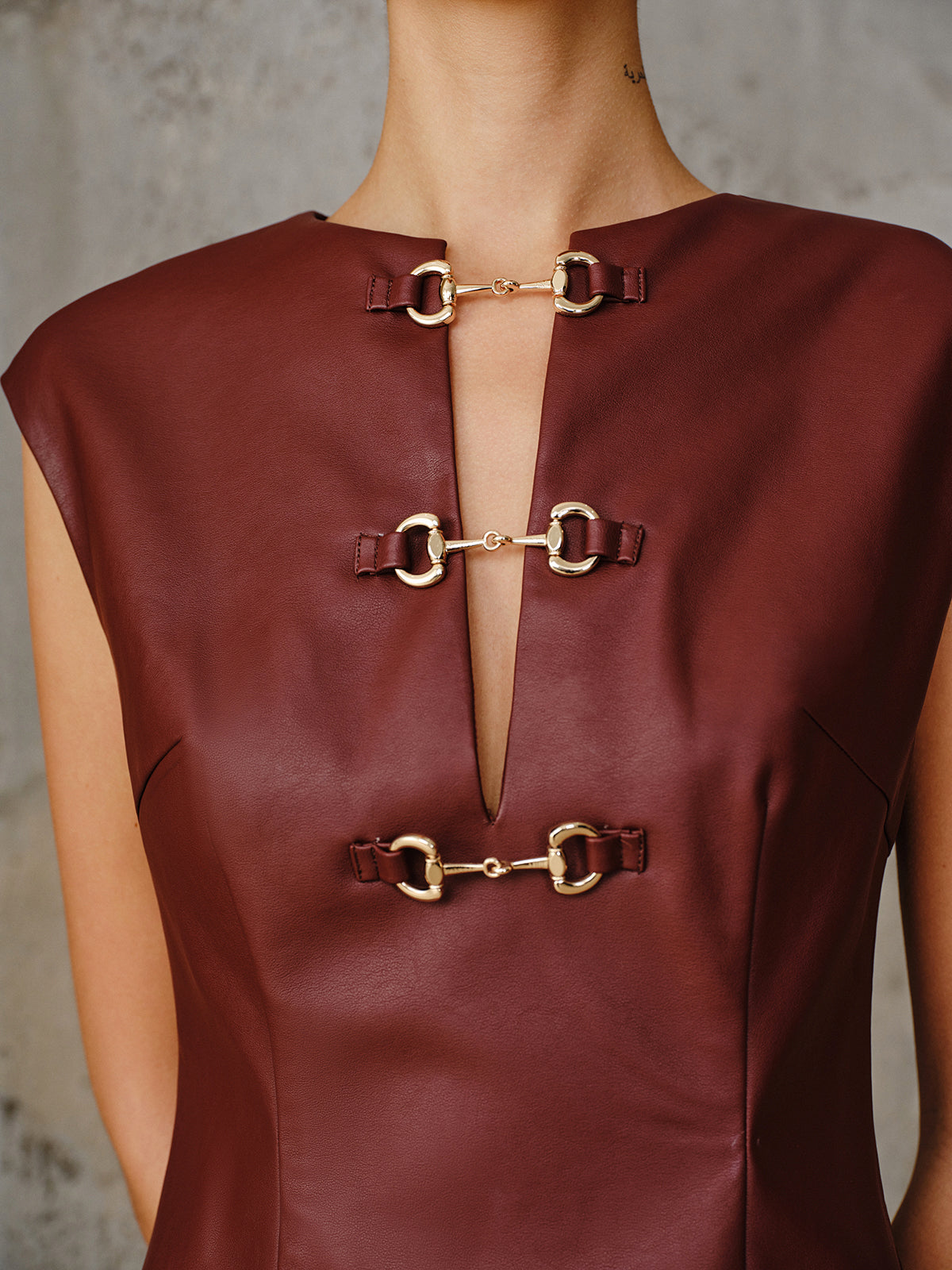 PU Leather Metal Buckle Sleeveless Mini Dress