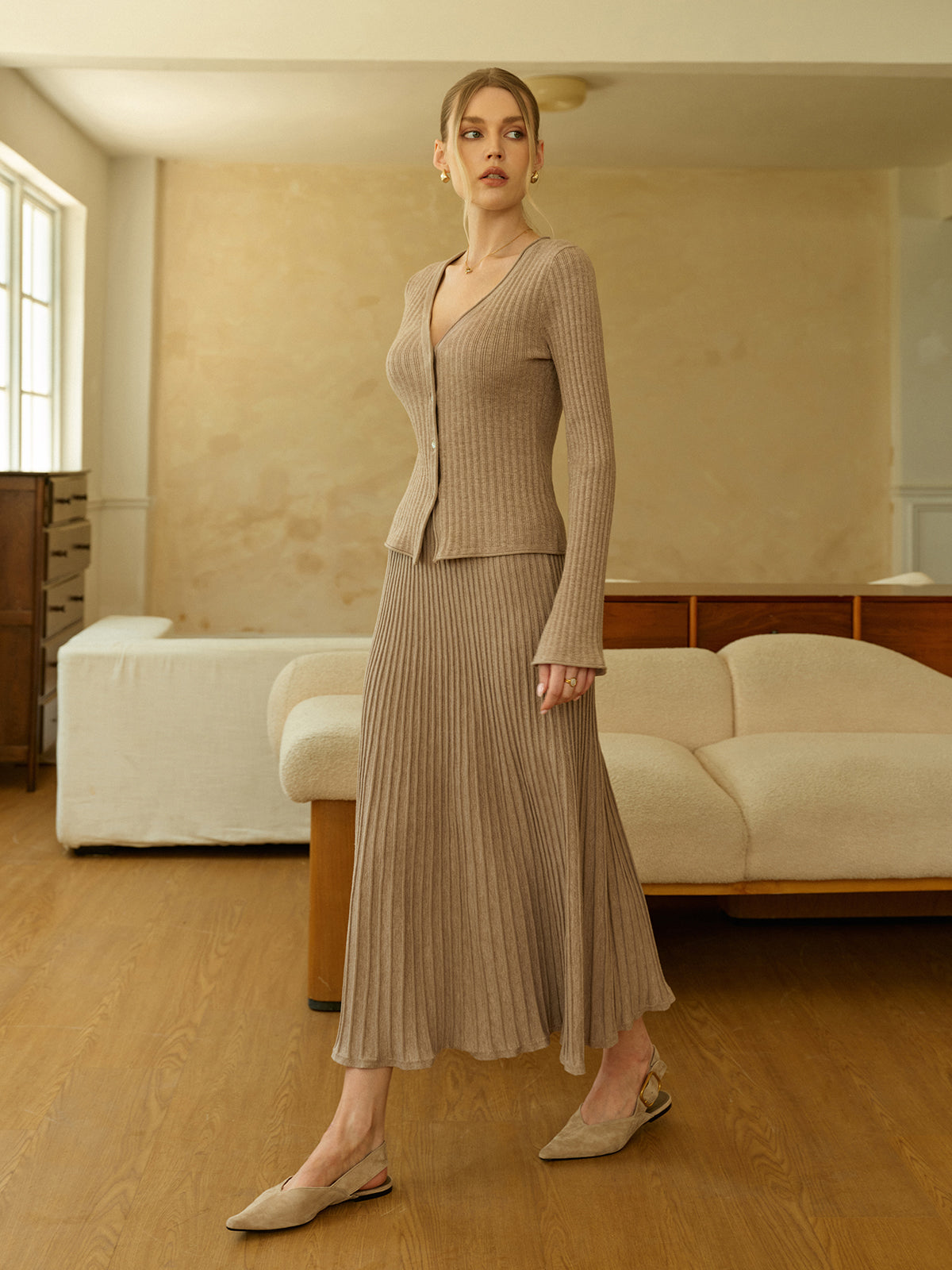 Textured Knit Cardigan and Midi Skirt Set
