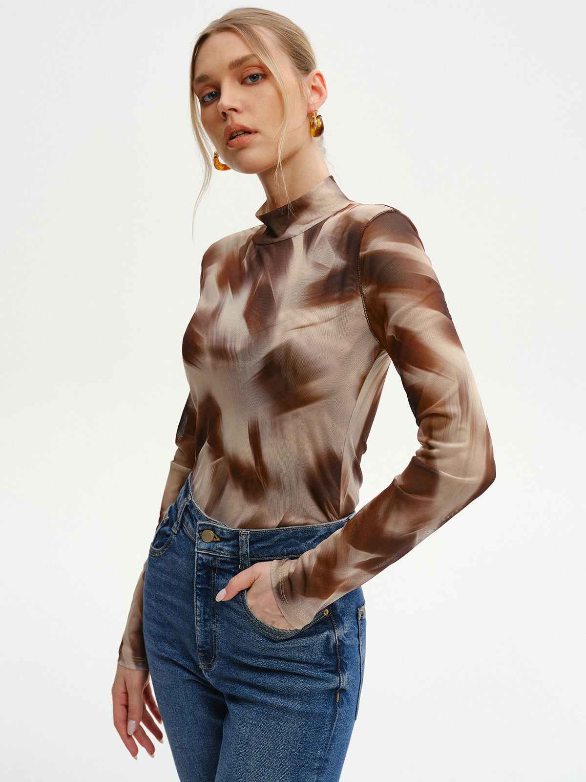 Abstract Print Mesh Long Sleeve T-Shirt