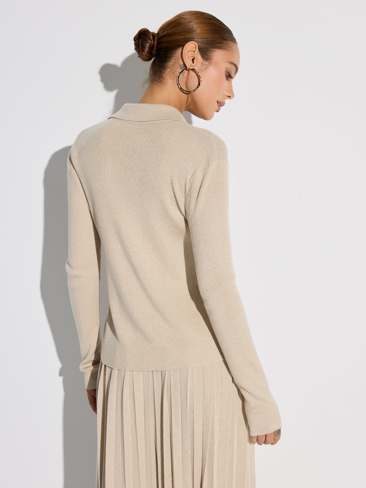 Ribbed Wool Blend Polo Collar Cardigan