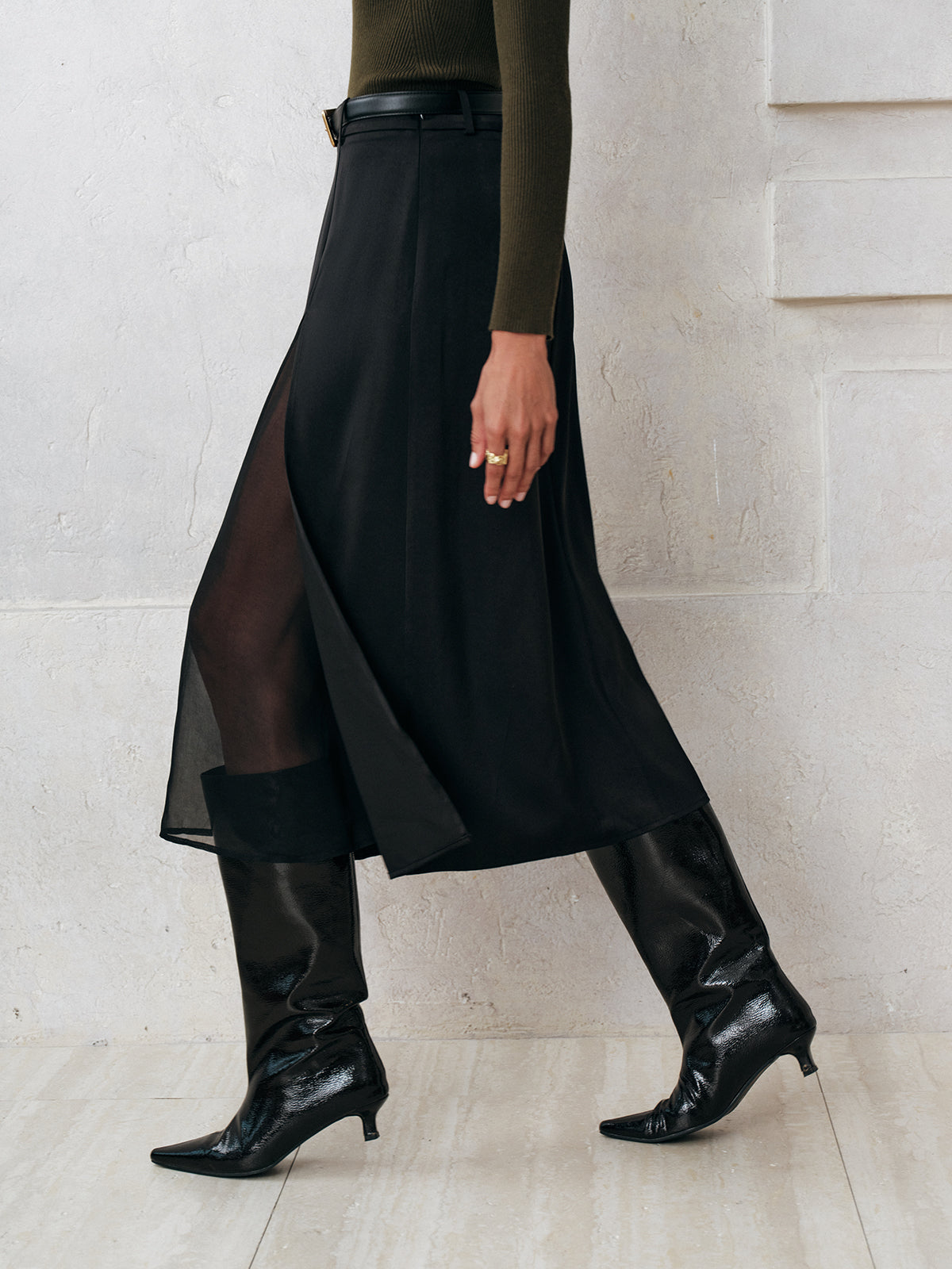 Sheer Slit Midi Skirt without Belt