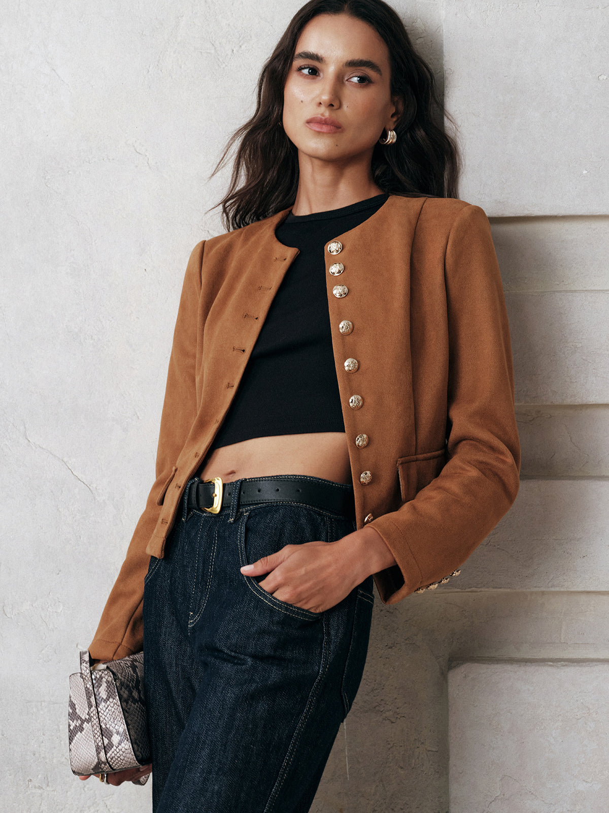Metal Button Suede Effect Jacket