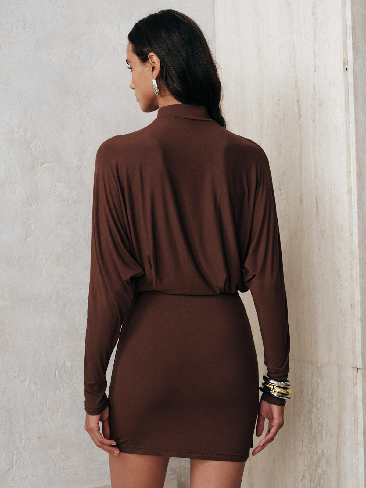 High-Neck Draped Batwing Sleeve Mini Dress