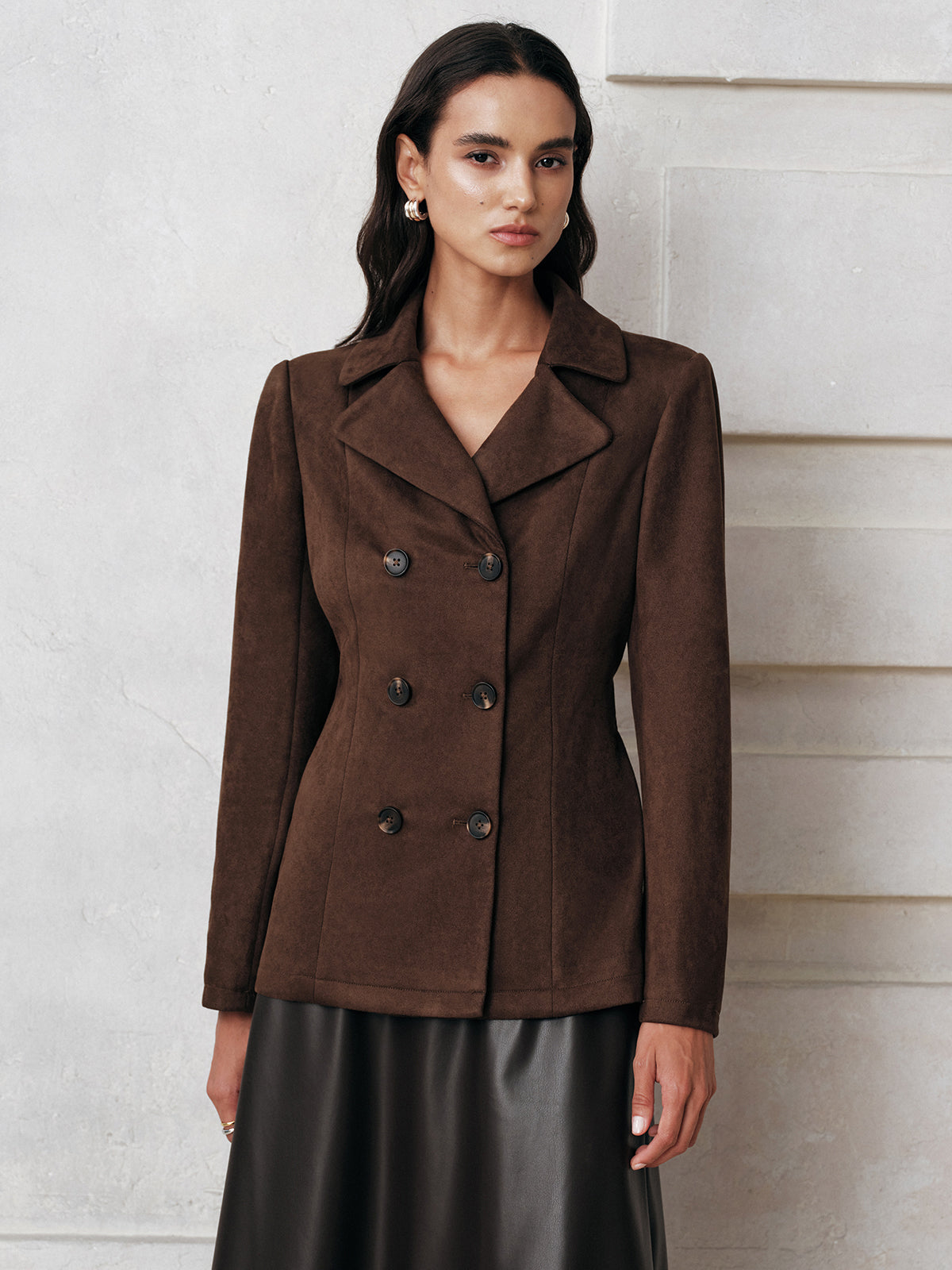 Belted Double-Breasted Suede Effect Jacket