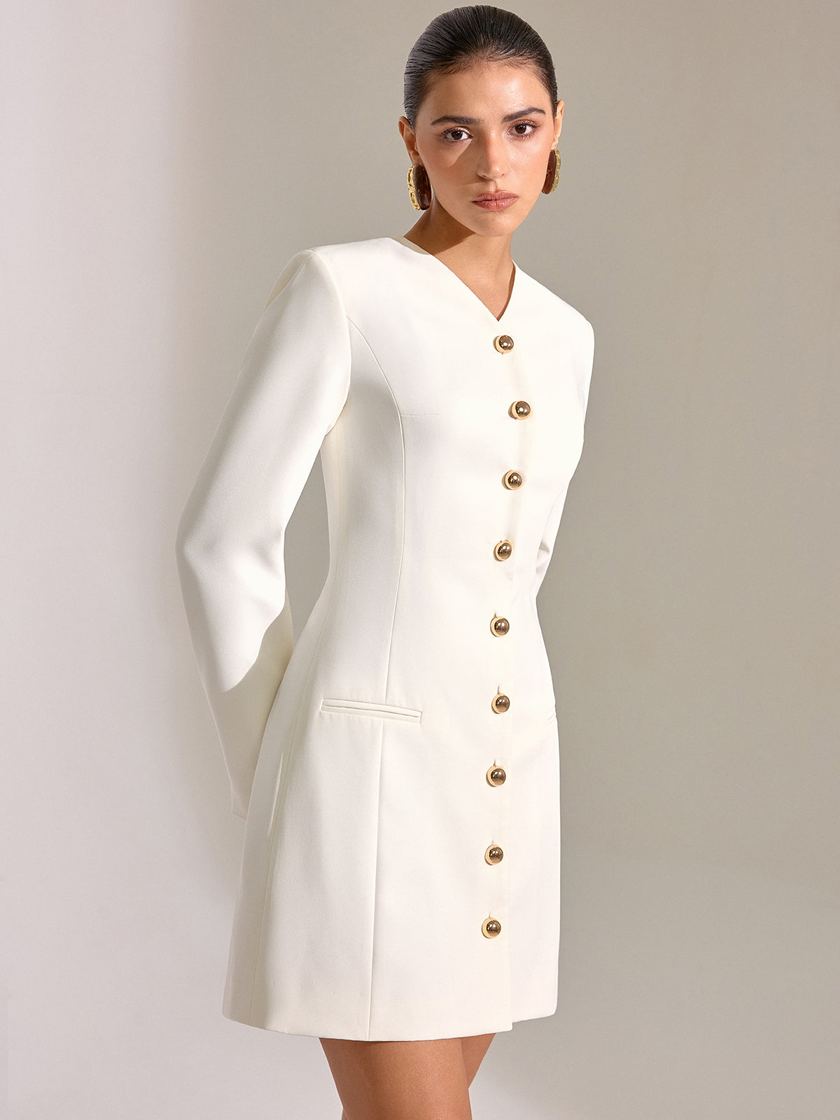 Metal Button-Front V-Neck Mini Dress