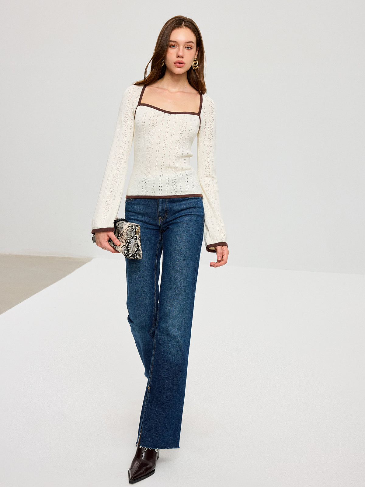 Square Neck Contrast Trim Eyelet Sweater