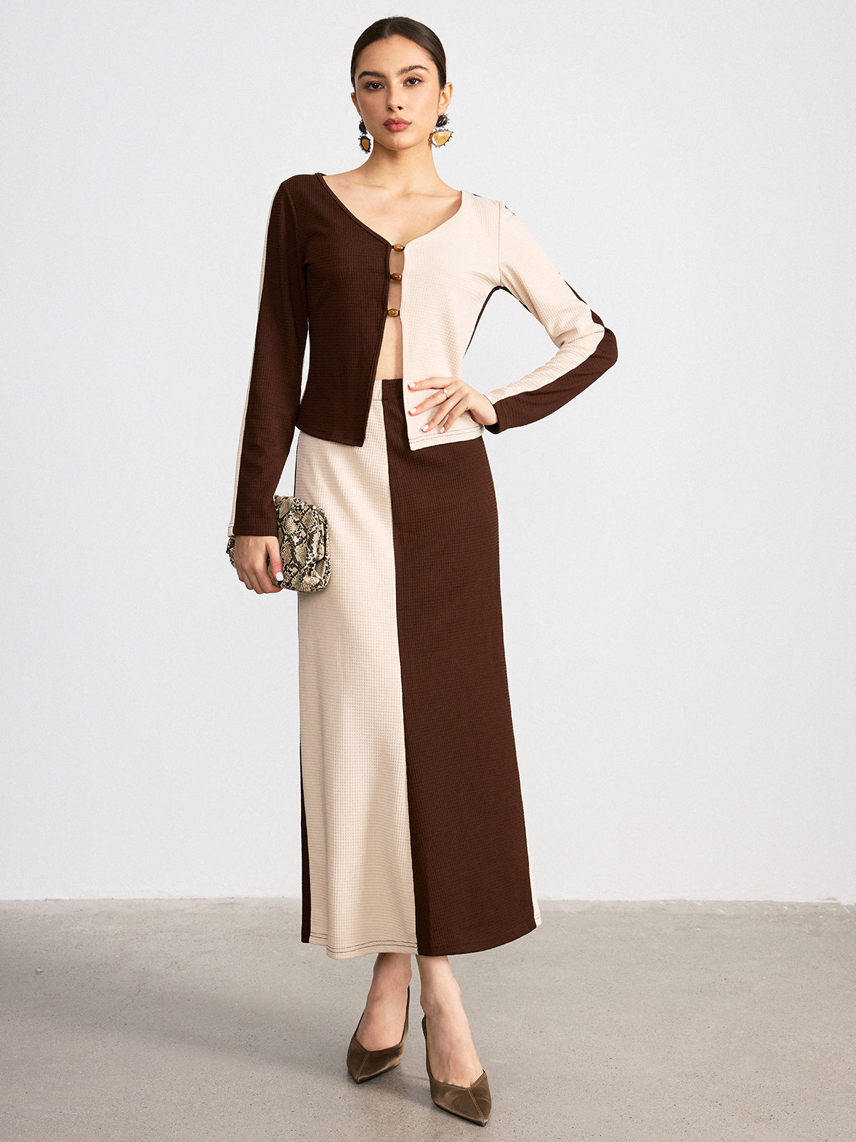 Two-Tone Waffle Knit Top and Skirt Set