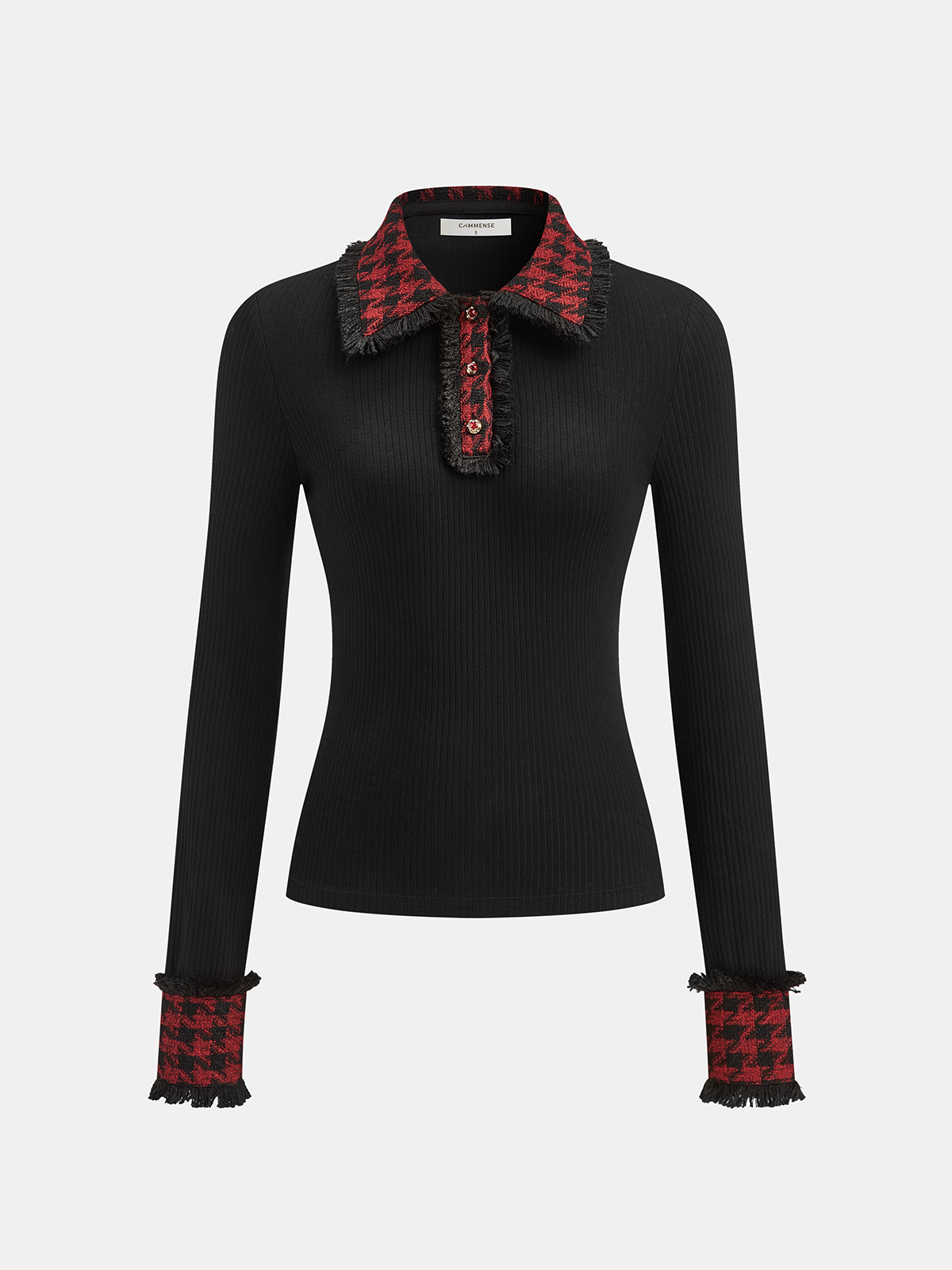Contrast Checkered Collar Ribbed Knit Top