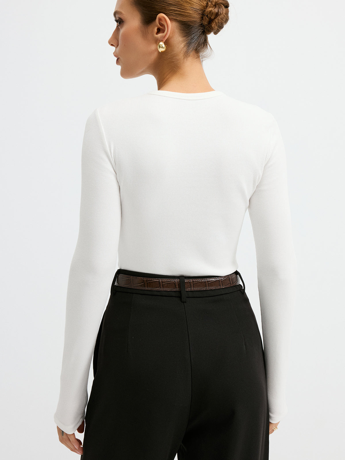 Ribbed Crew Neck Long Sleeve T-Shirt