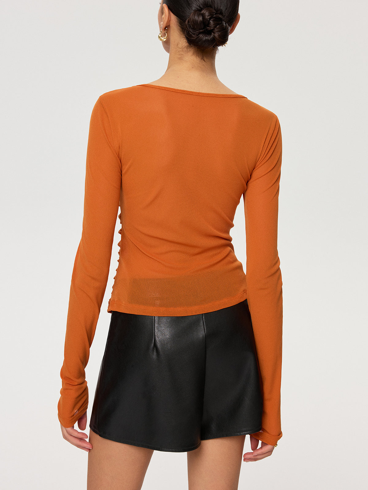 Hook-Eye Ruched V-Neck Long Sleeve Top