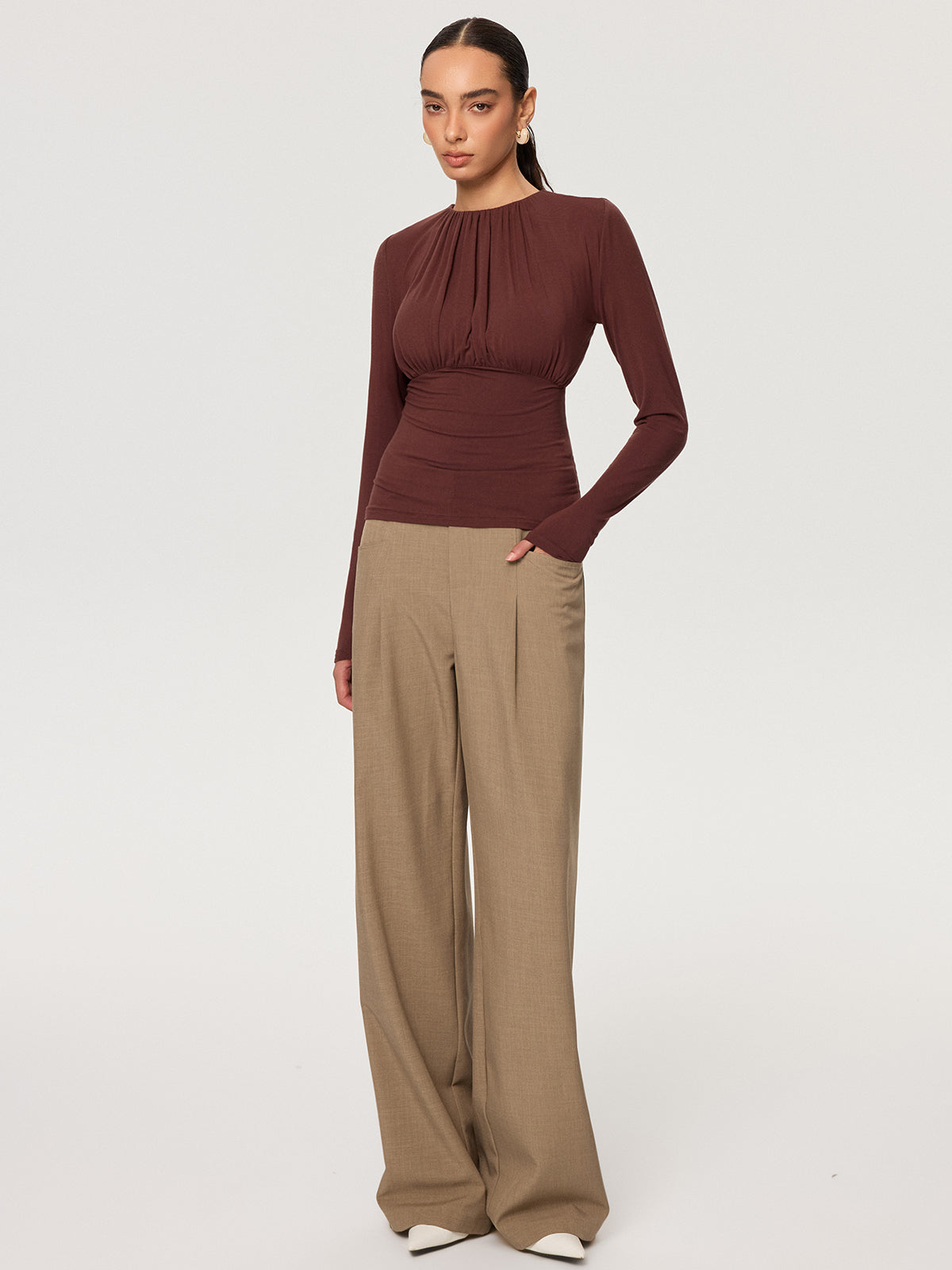 Ruched Long Sleeve Round Neck Knit Blouse