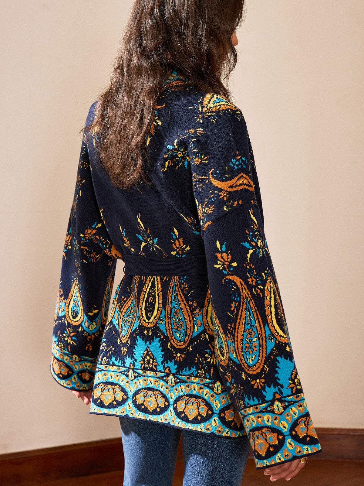 Paisley Print Belted Cardigan