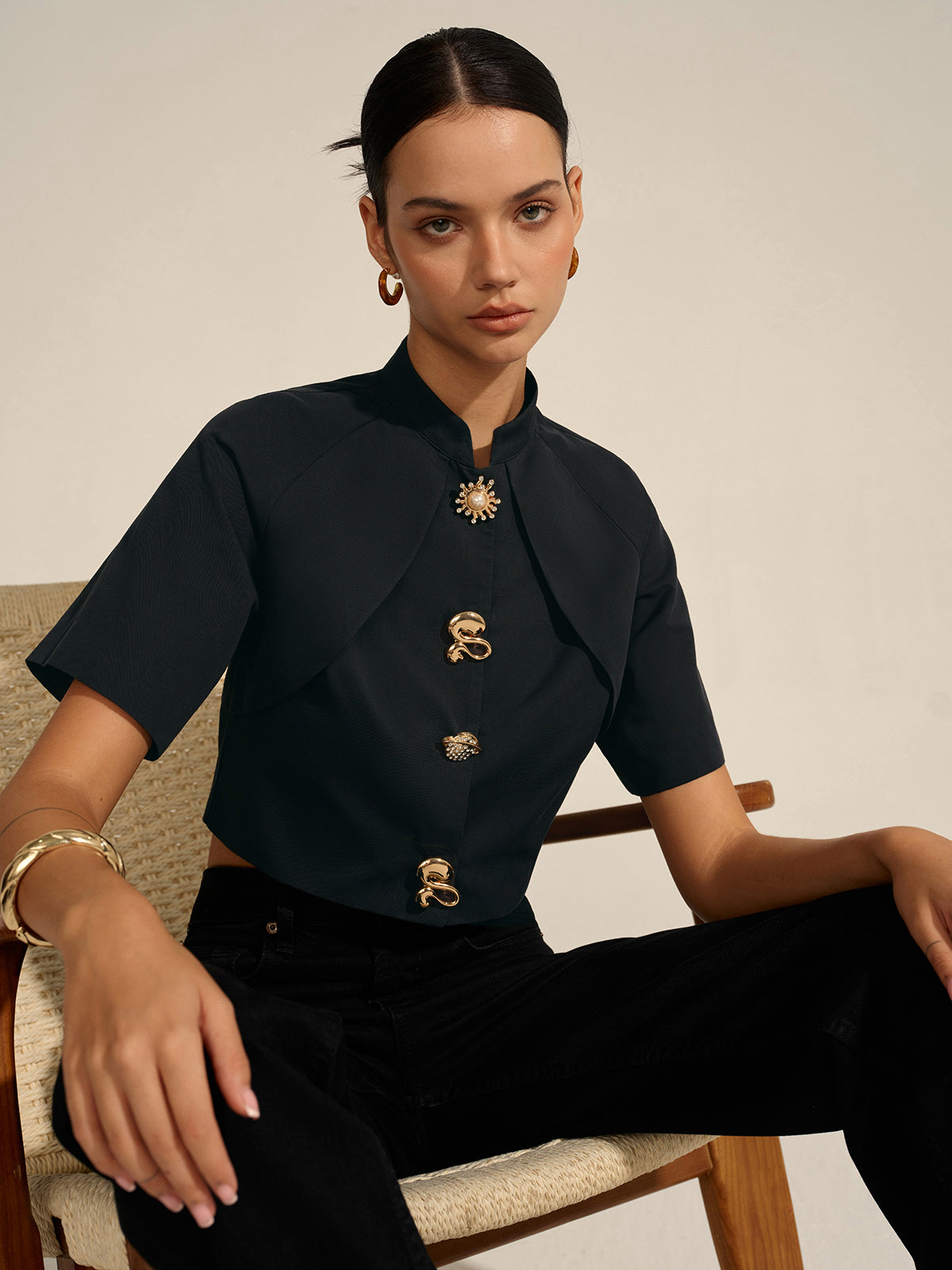 Metal Decor Cropped Blouse