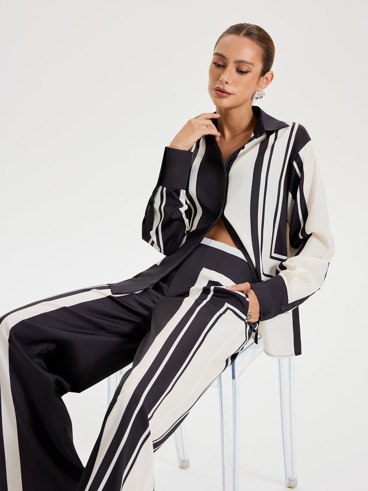 Contrast Striped Lapel Collar Shirt