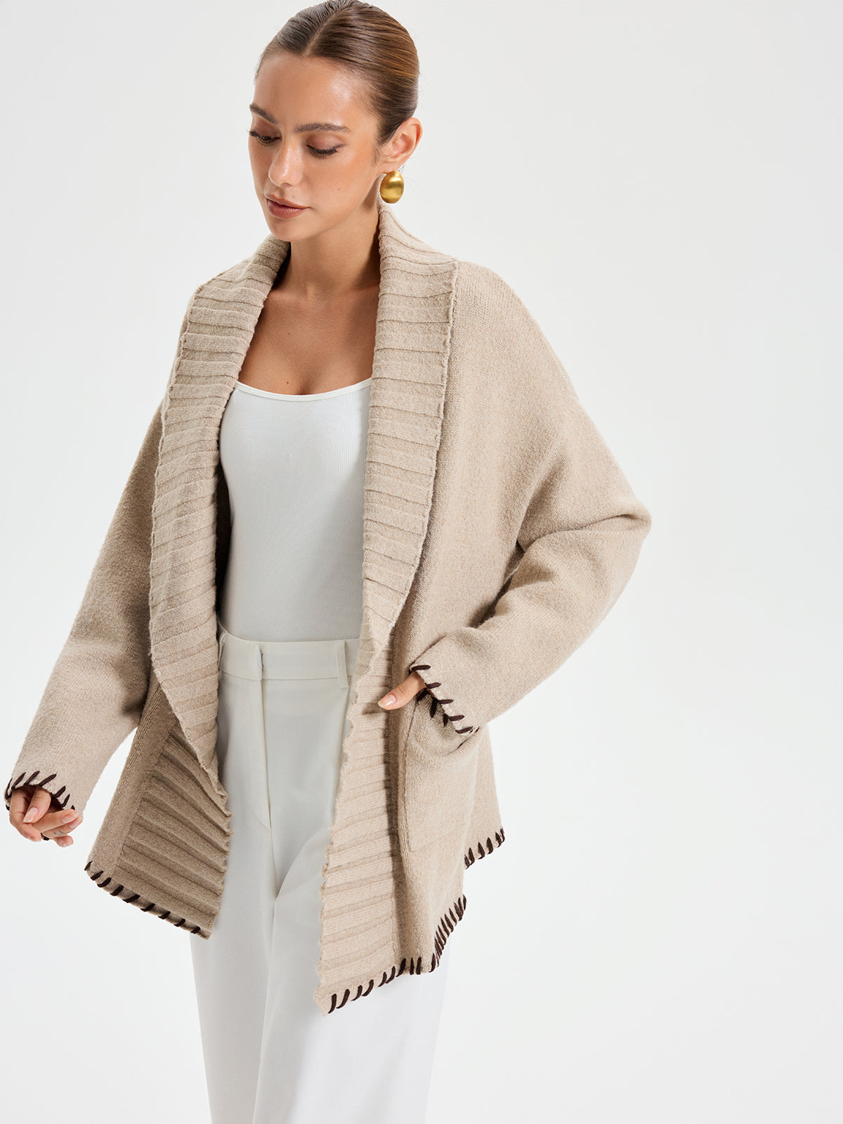 Contrast Stitched Shawl Collar Belted Knit Outerwear