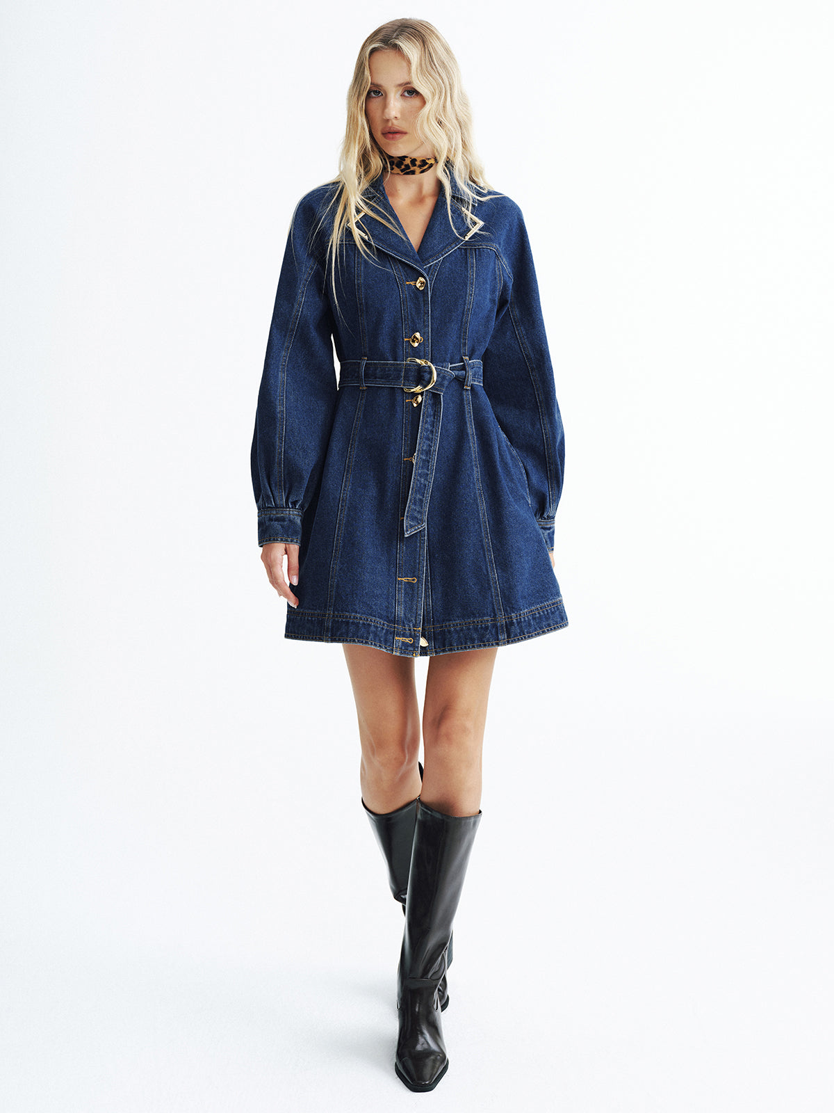 Metal Button Denim Belted Shirt Dress