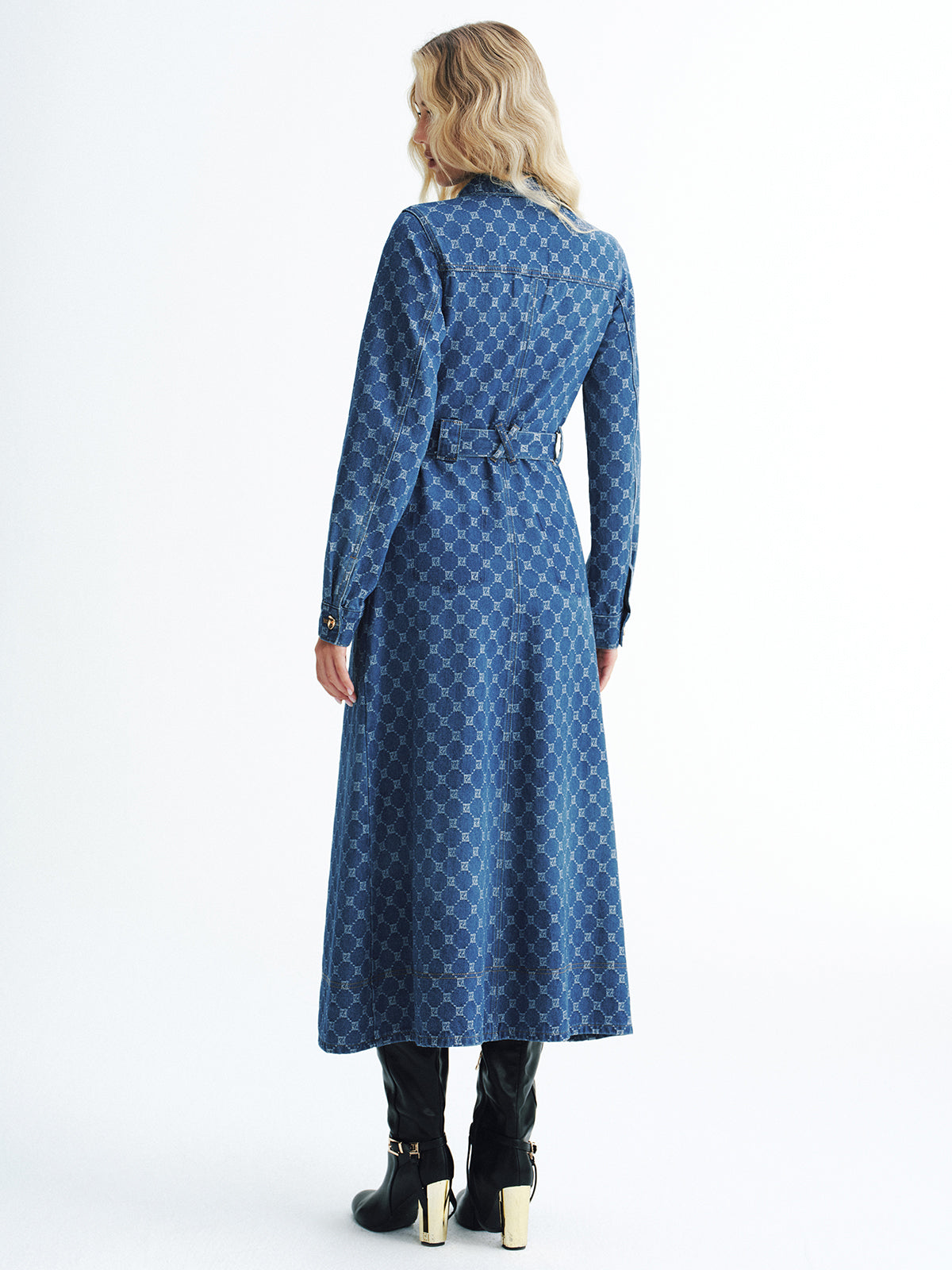 Printed Denim Belted Midi Shirt Dress