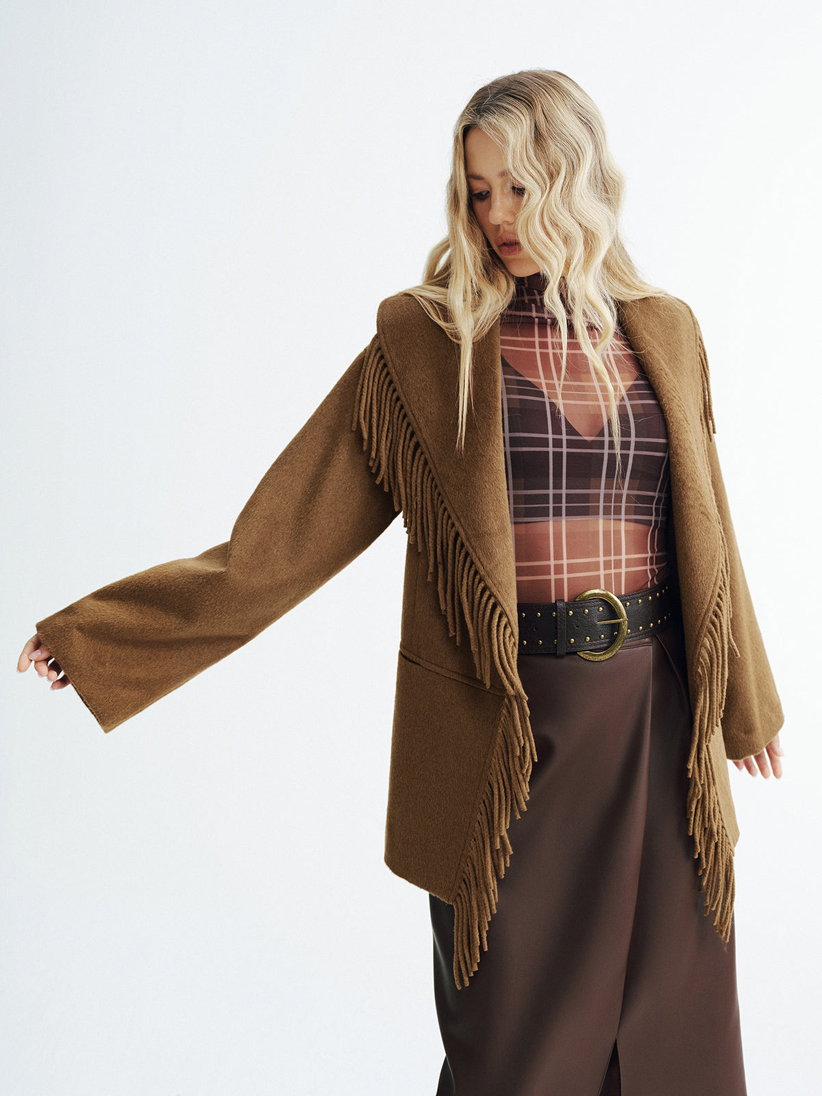 Fringed Belted Fleece Coat