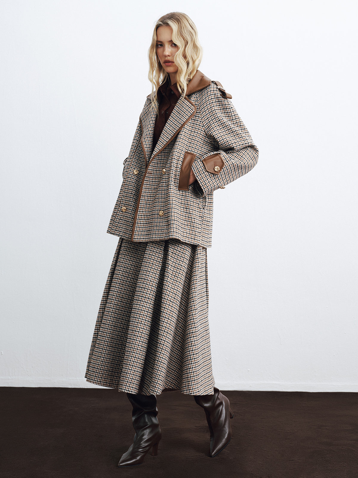 High-Waist Belted Houndstooth Wide-Leg Pants