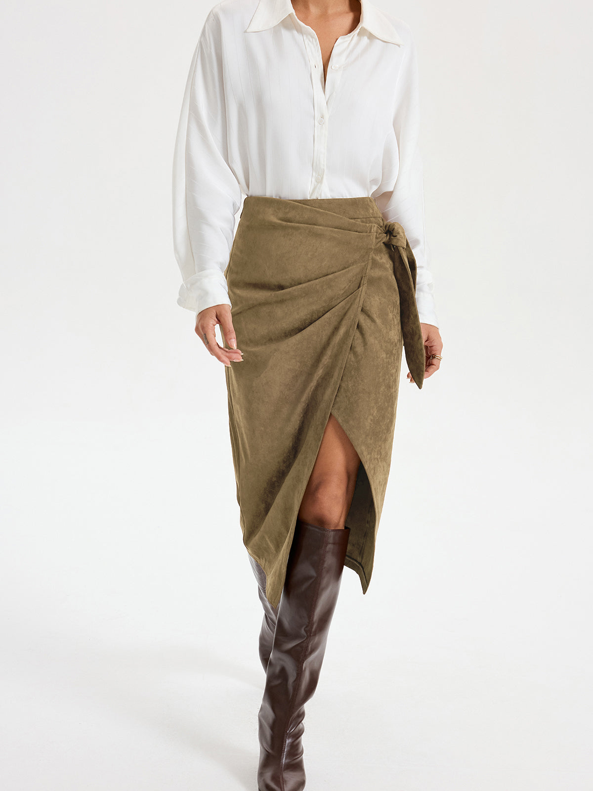 Tie Knot Suede Effect Midi Skirt