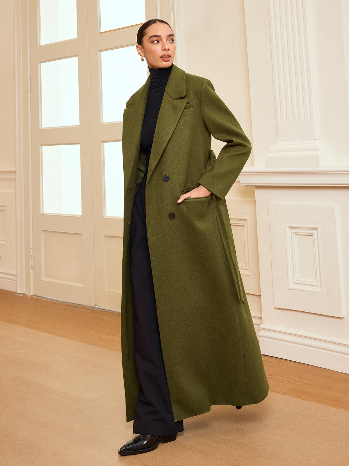 Double-Breasted Belted Long Coat