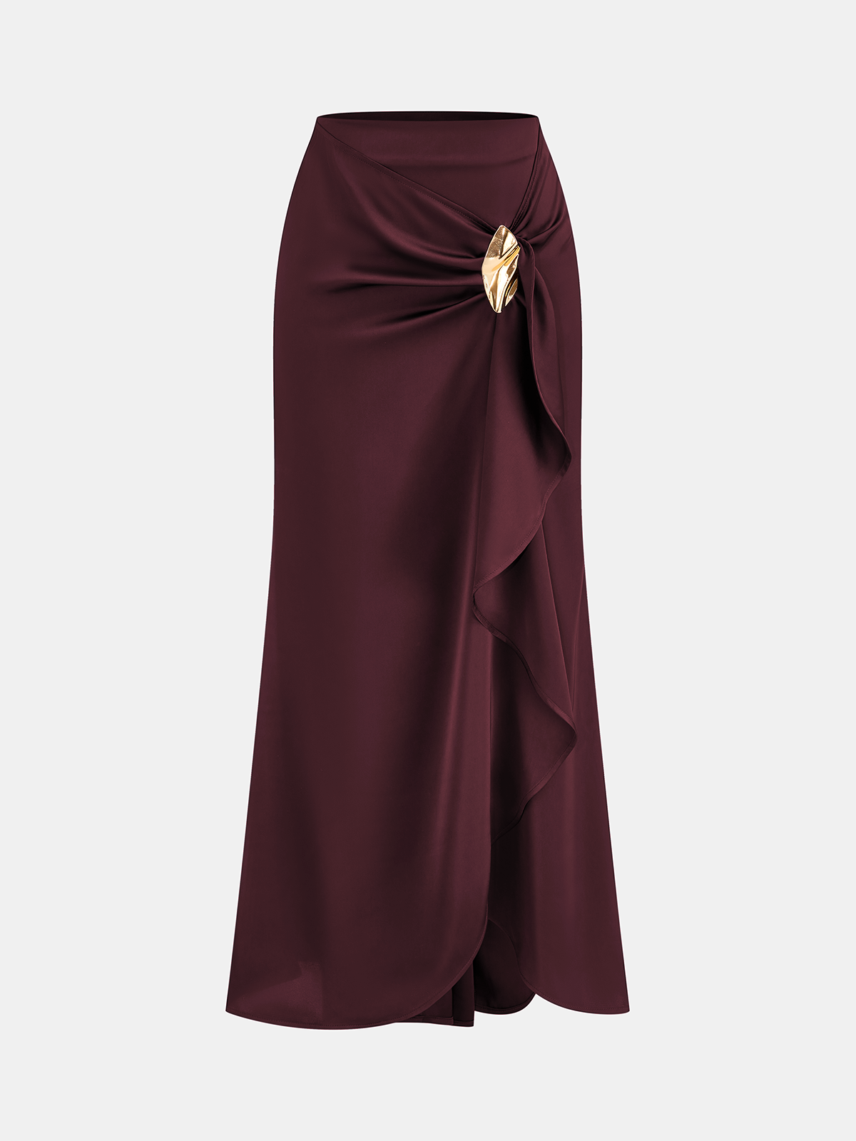 Asymmetric Ruffle Metal Detail Satin Maxi Skirt