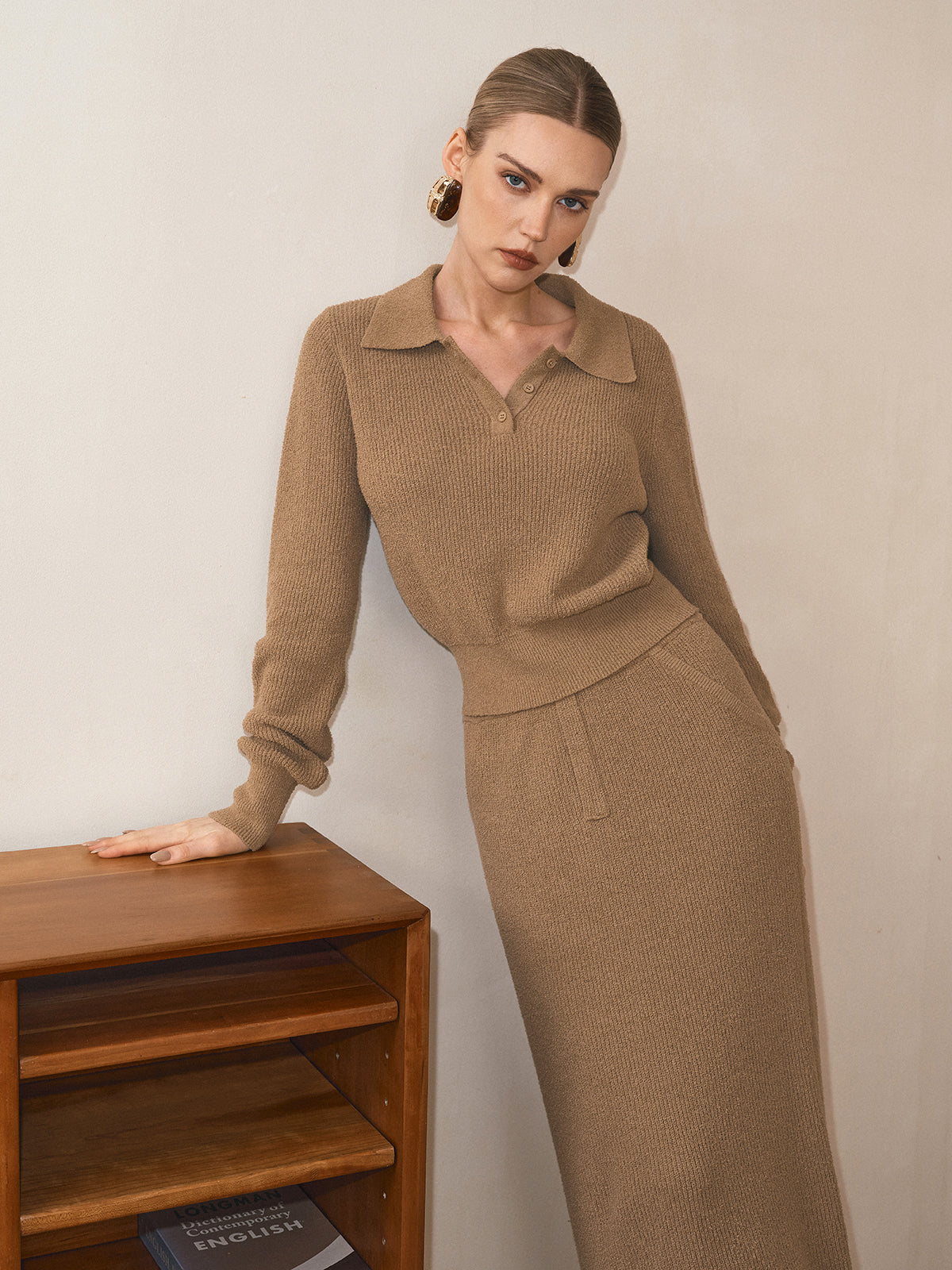 Polo Collar Cinched Waist Sweater