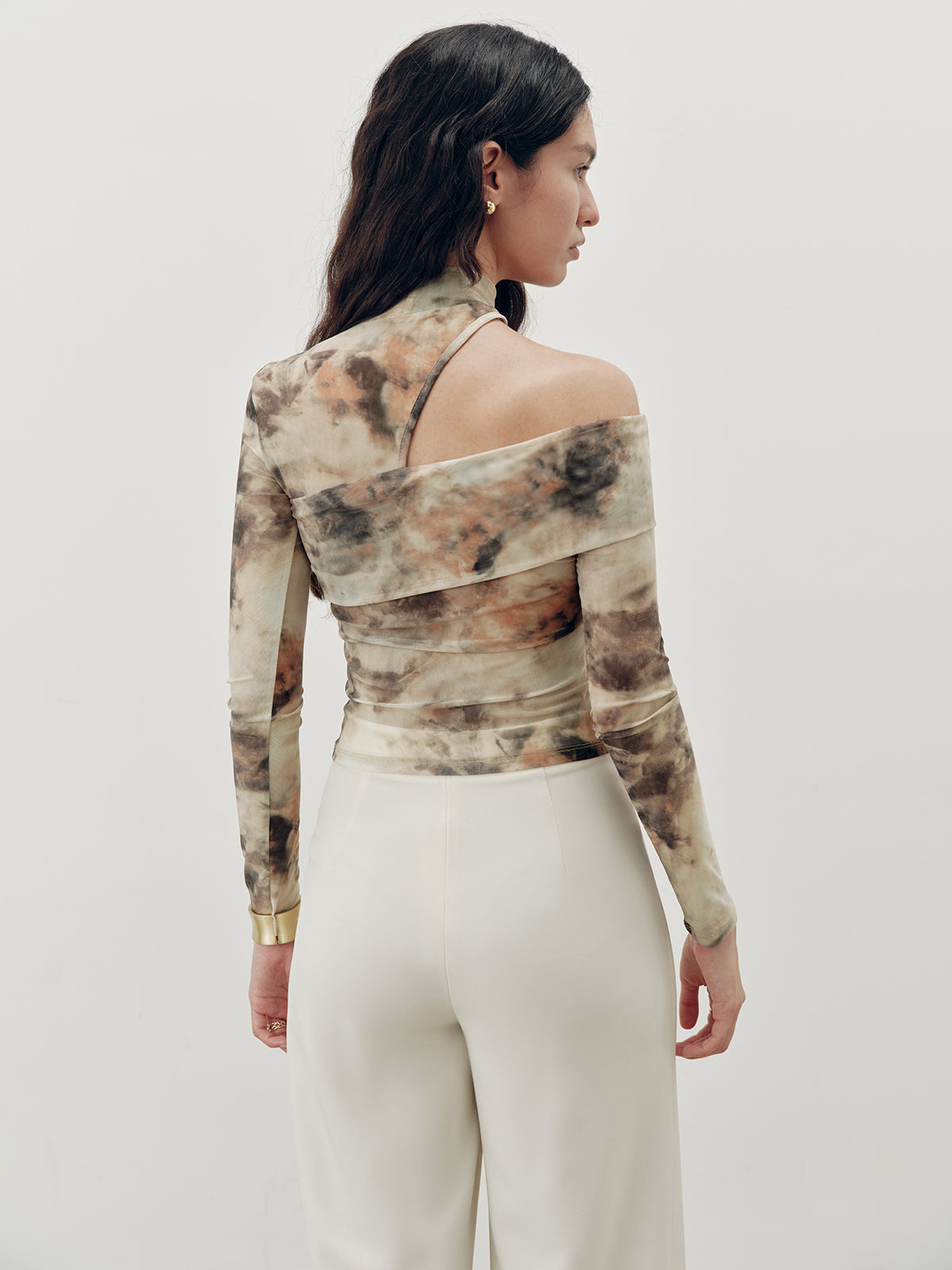 Tie-Dye Mesh One-Shoulder Long Sleeve Top