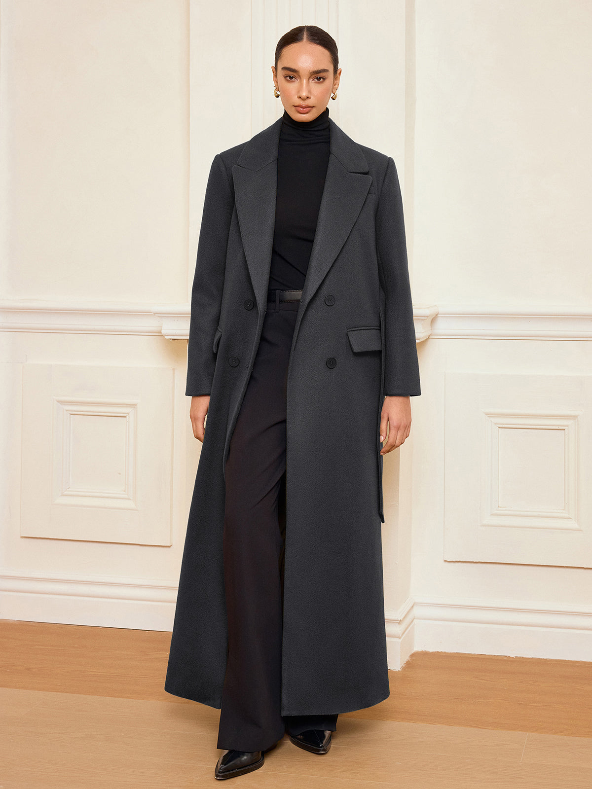 Double-Breasted Belted Long Coat
