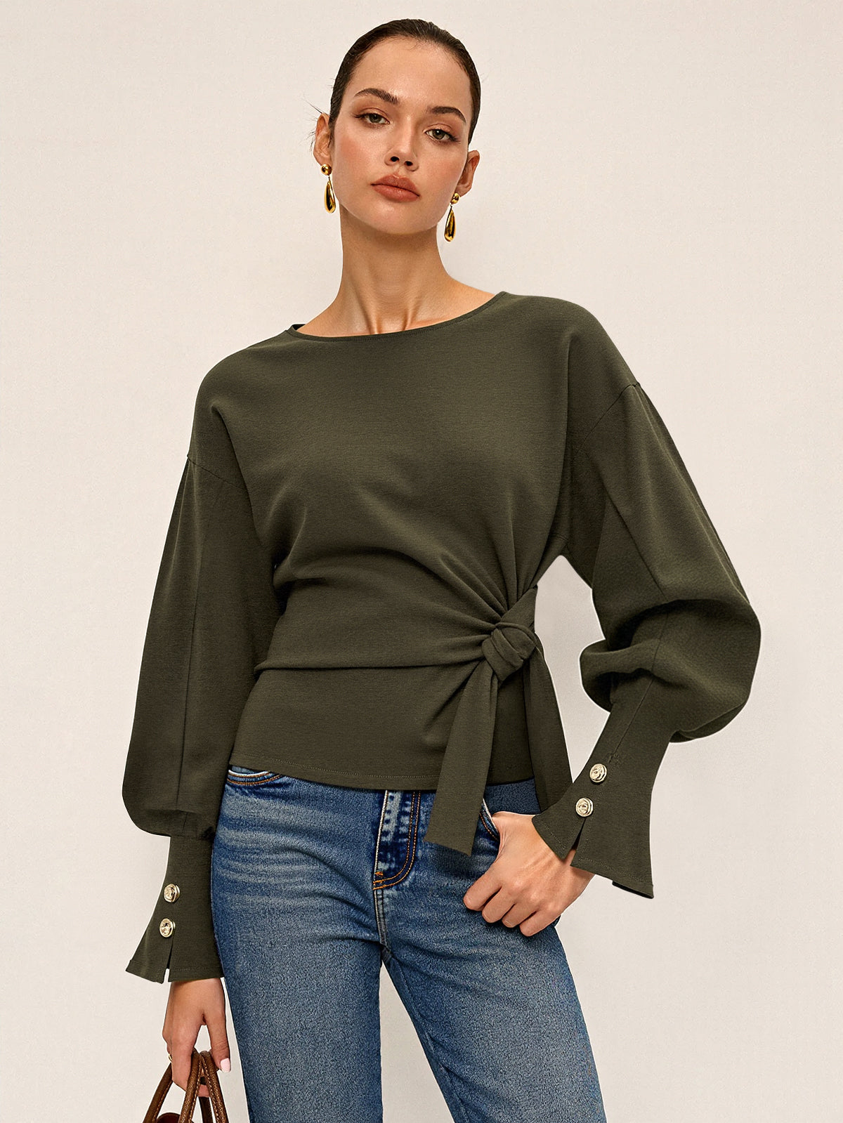Twist Knot Balloon Sleeve Sweatshirt