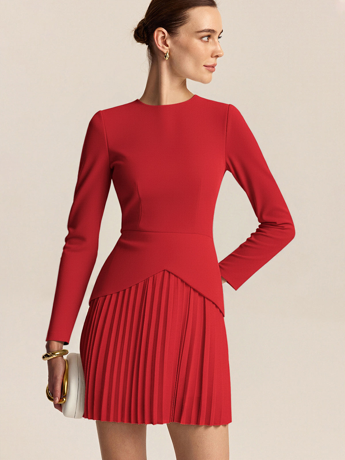 Long Sleeve Color-Block Pleated Dress