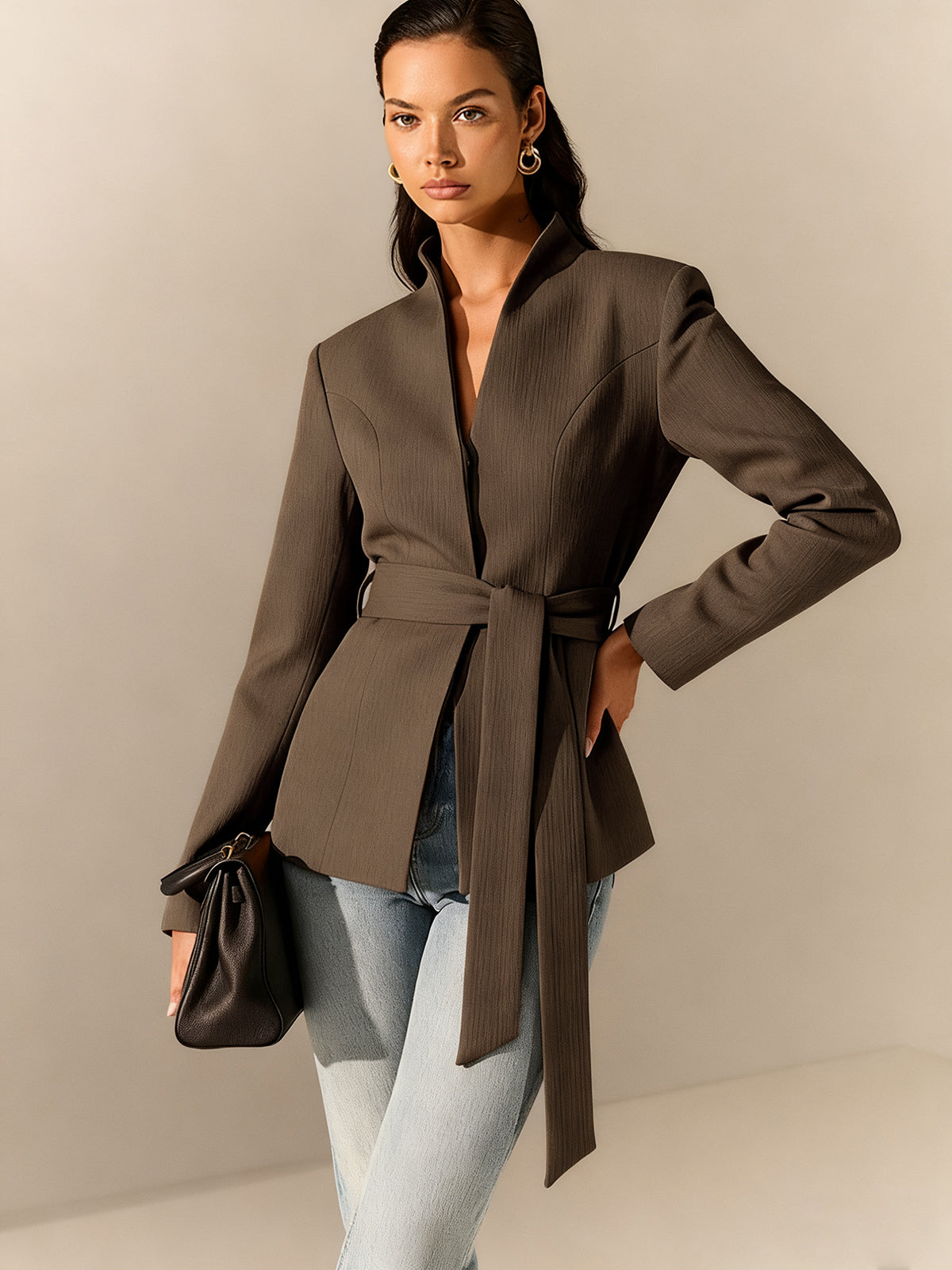 Stand Collar Belted Long Sleeve Blazer