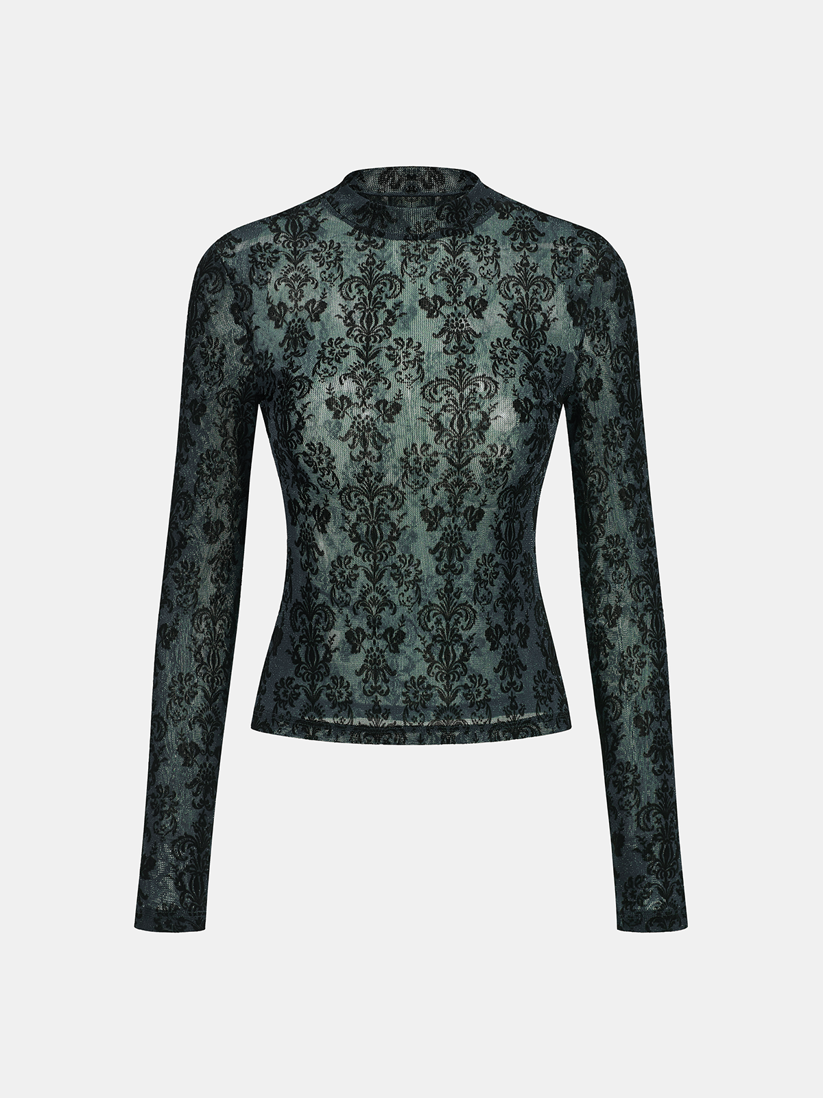 Damask Print Mock Neck T-Shirt