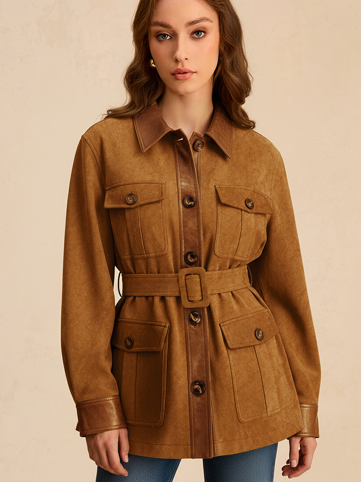 Faux Leather Panel Belted Suede Effect Jacket