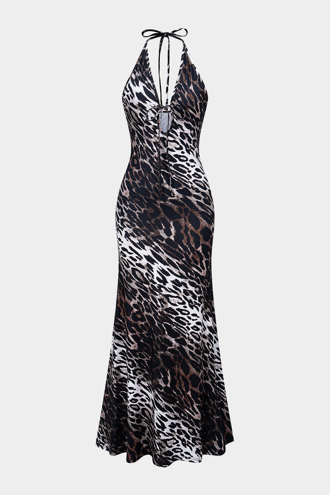 Leopard Halter V-Ausschnitt Rückenfreies Ärmelloses Maxikleid zum Binden