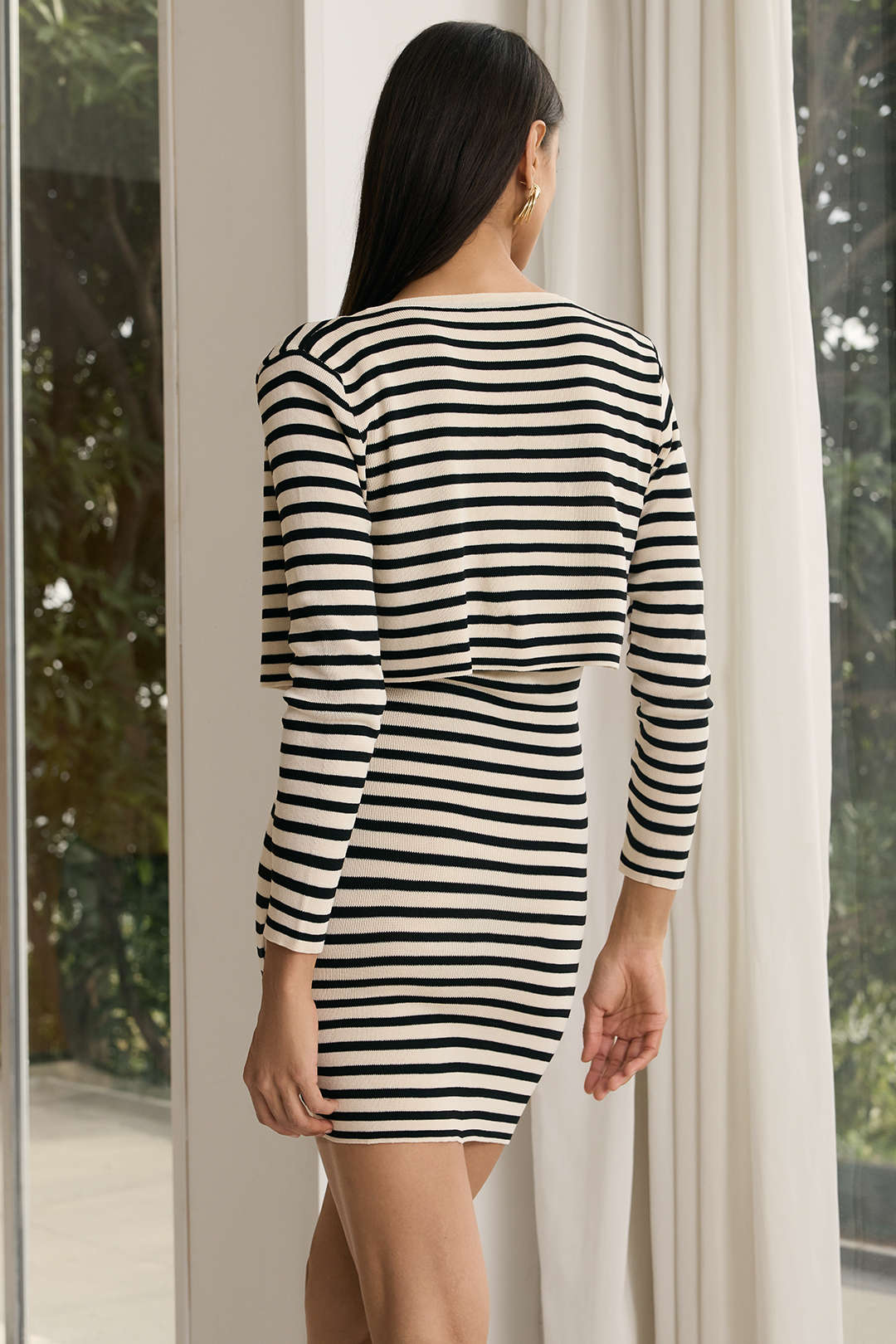 Knit Contrast Stripes Button Cardigan And Slip Sleeveless Mini Dress Set