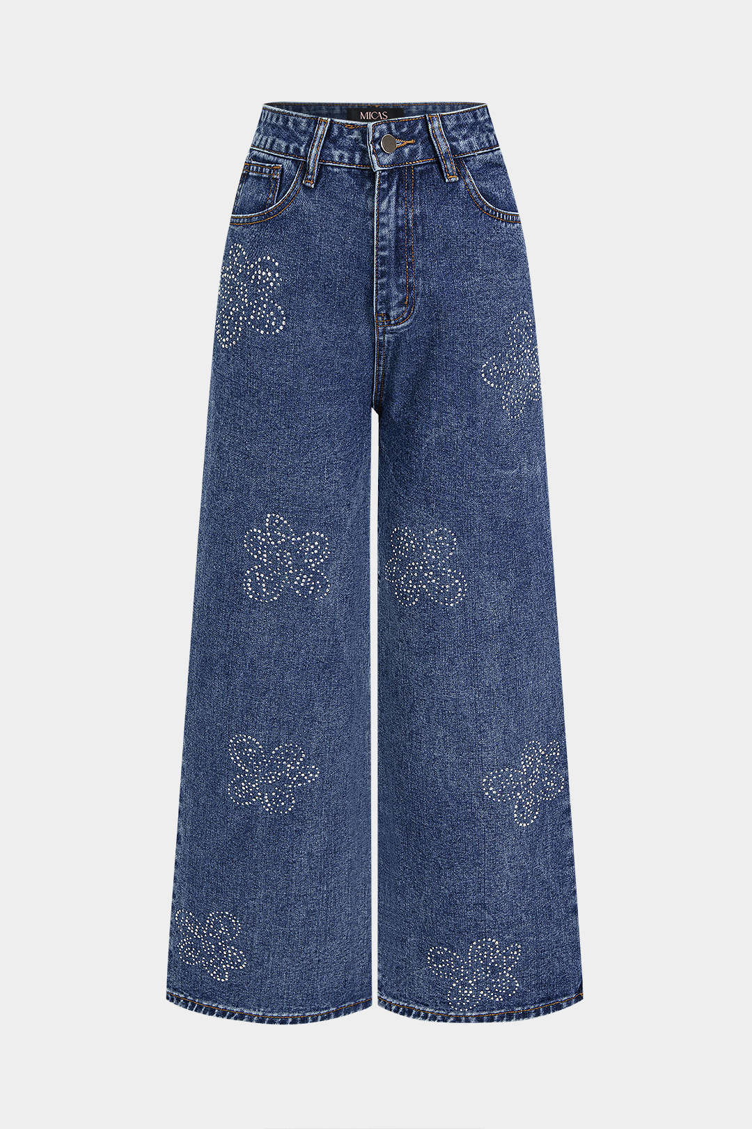 Jean droit en denim, orné de strass et motifs floraux