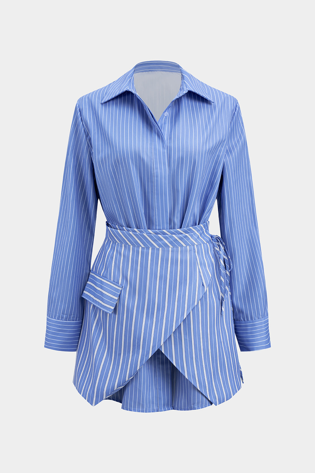 Stripes Print Button Long Sleeve Shirt And Tie-Up Skirt Set