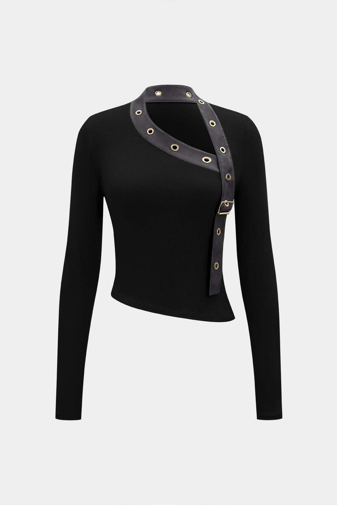 Faux Leather Metallic Asymmetrical Long-Sleeve Top