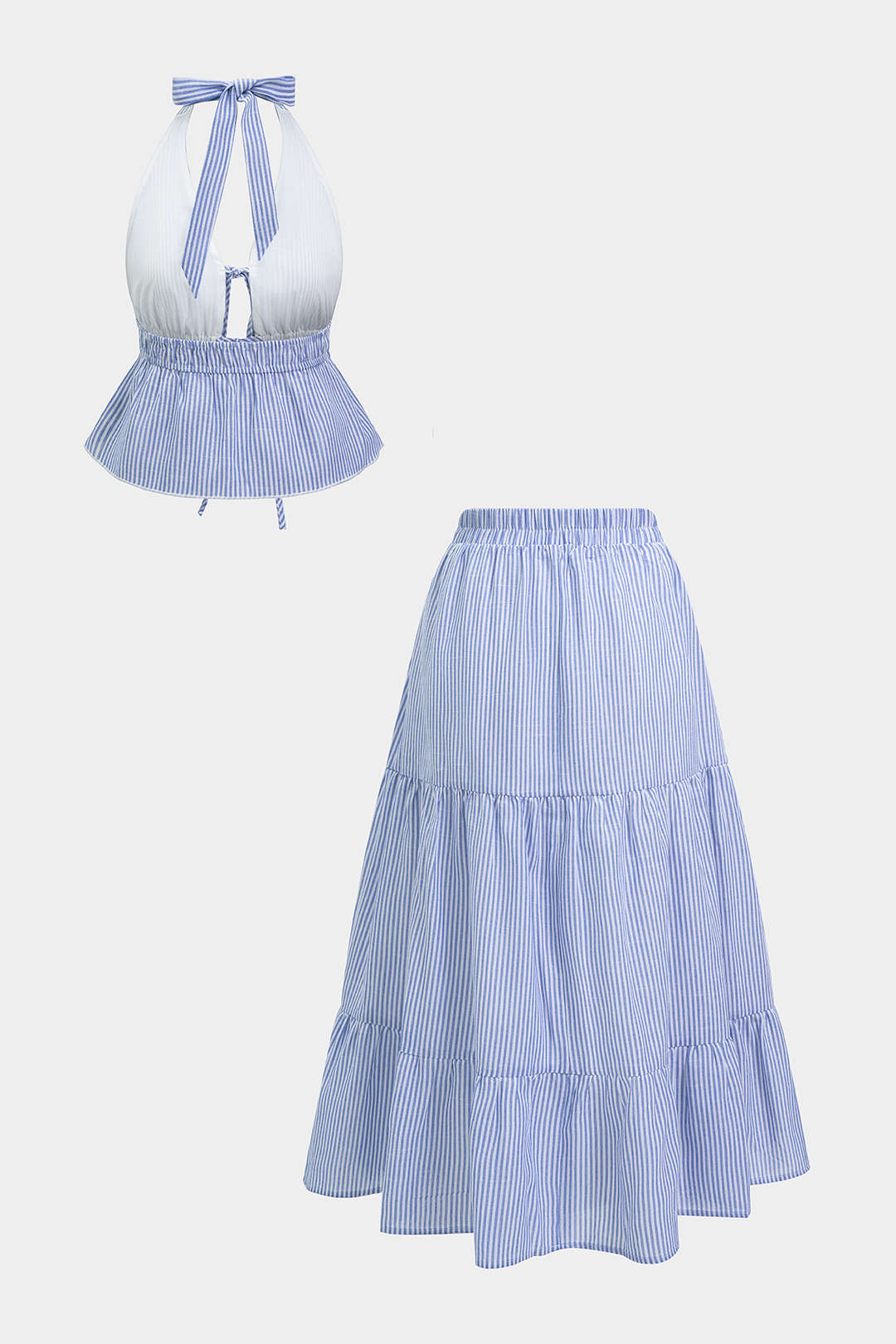 Stripes Print Halter Neck Tie Front Ruffled Hem Top And Ruched Skirt Set