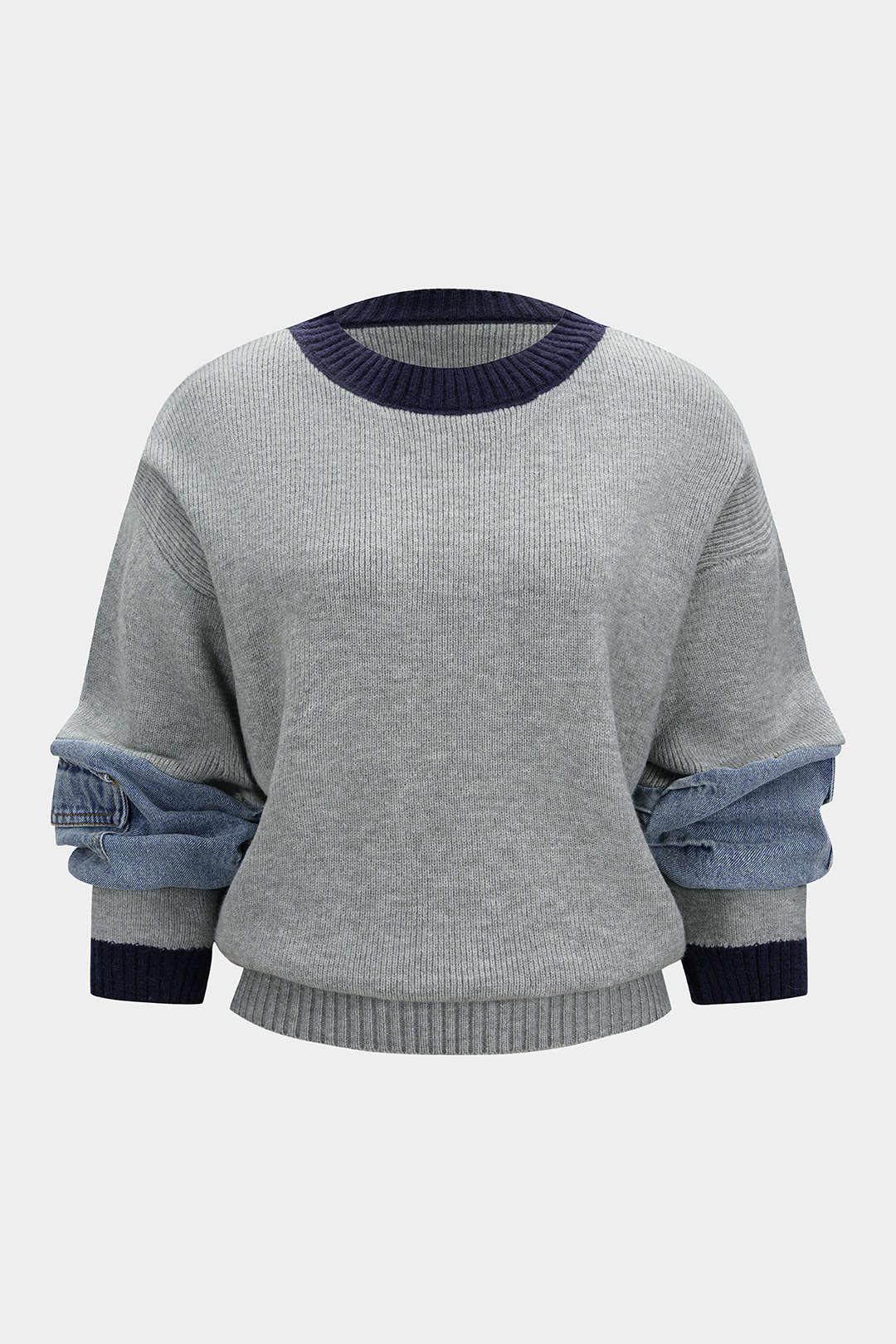 Strick-Denim-Patchwork-Langarmtop mit Kontrastrippen