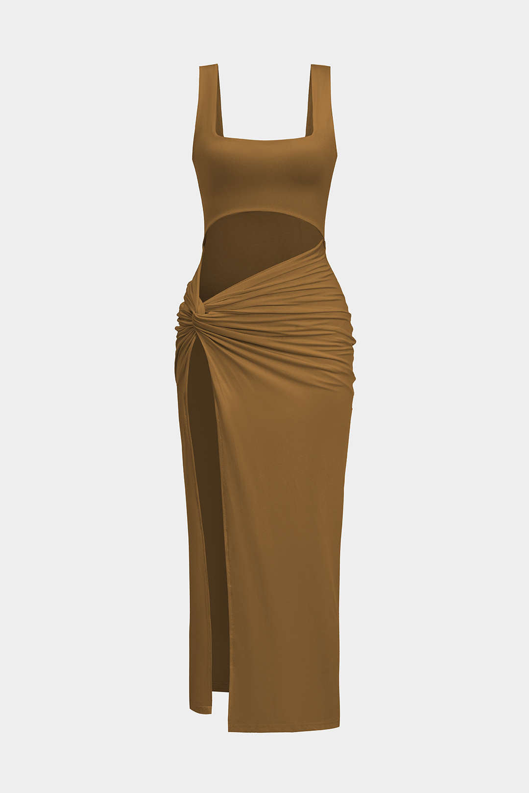 Robe midi unie avec découpe et fente à torsion sur le devant