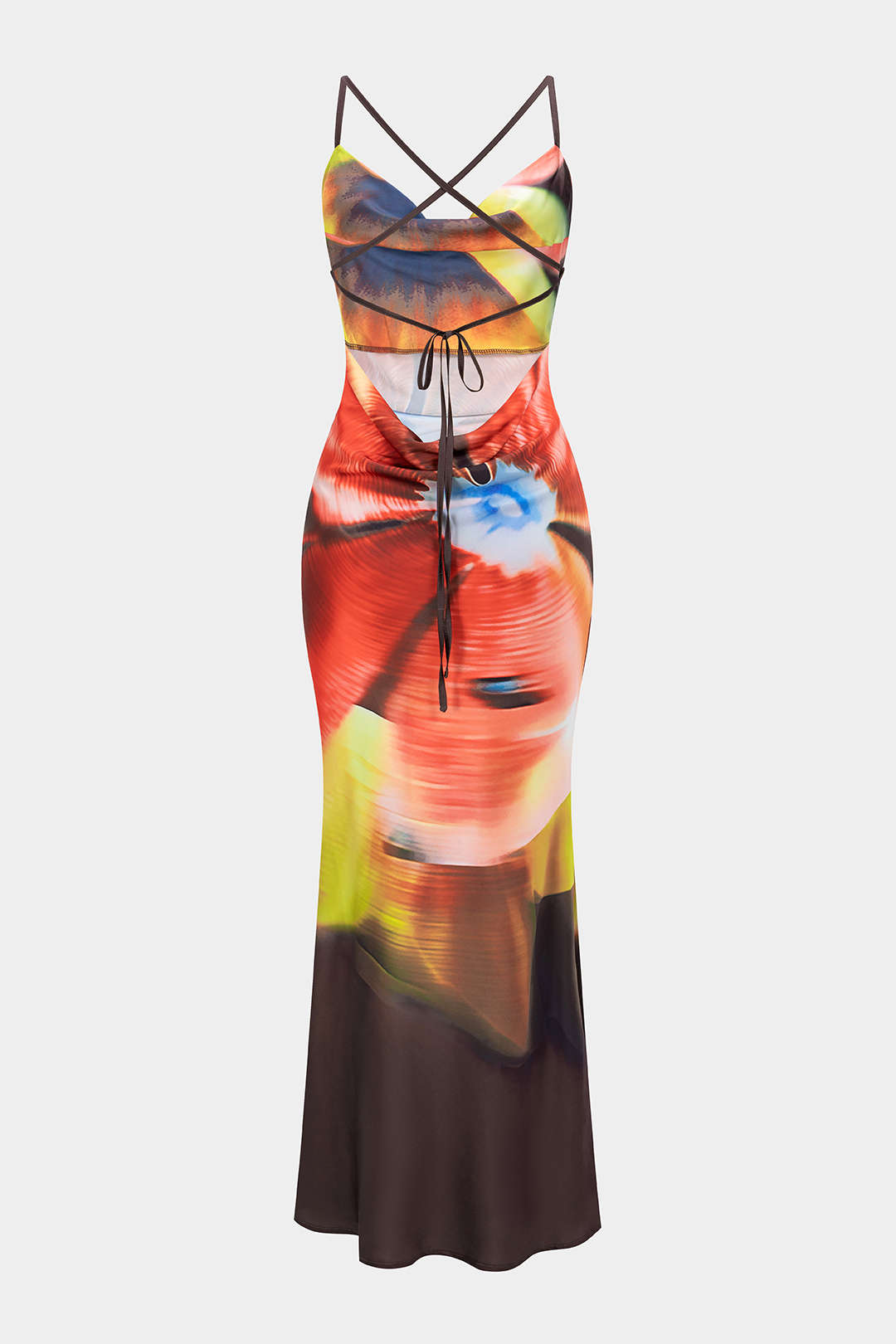 Maxikleid mit Batik-Print aus Satin, drapiertem Wasserfallausschnitt und ärmellosem Design