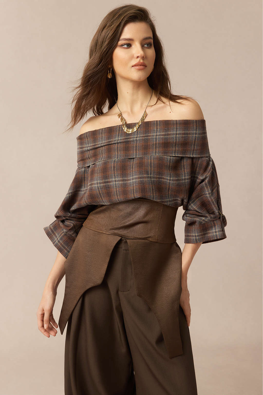 Plaid-Print-Satin-Patchwork-Off-Shoulder-Reißverschluss-Langarm-Hemd