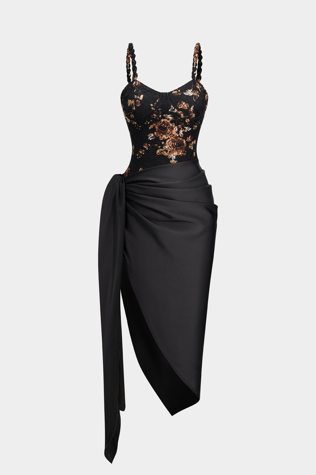 Ensemble Robe sans Manches à Nœud Torsadé et Patchwork de Dentelle Florale et Jupe Asymétrique en Satin à Nœud Noué