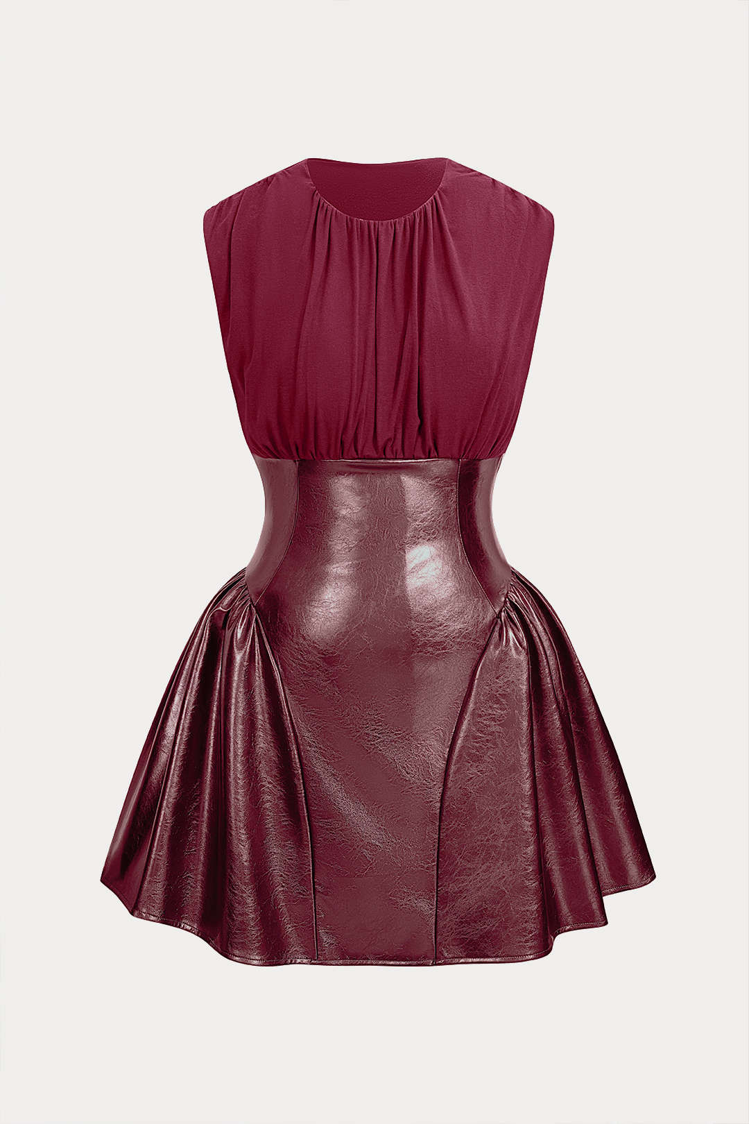 Faux Leather Patchwork Ruched Sleeveless Mini Dress
