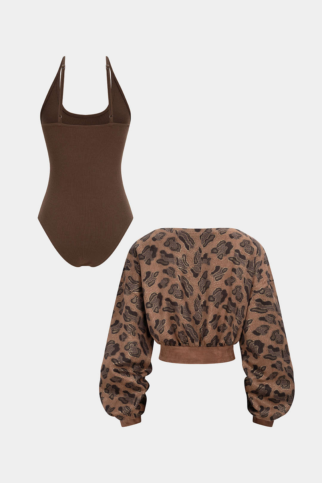 Body léopard en patchwork de suède, col licou et manches longues