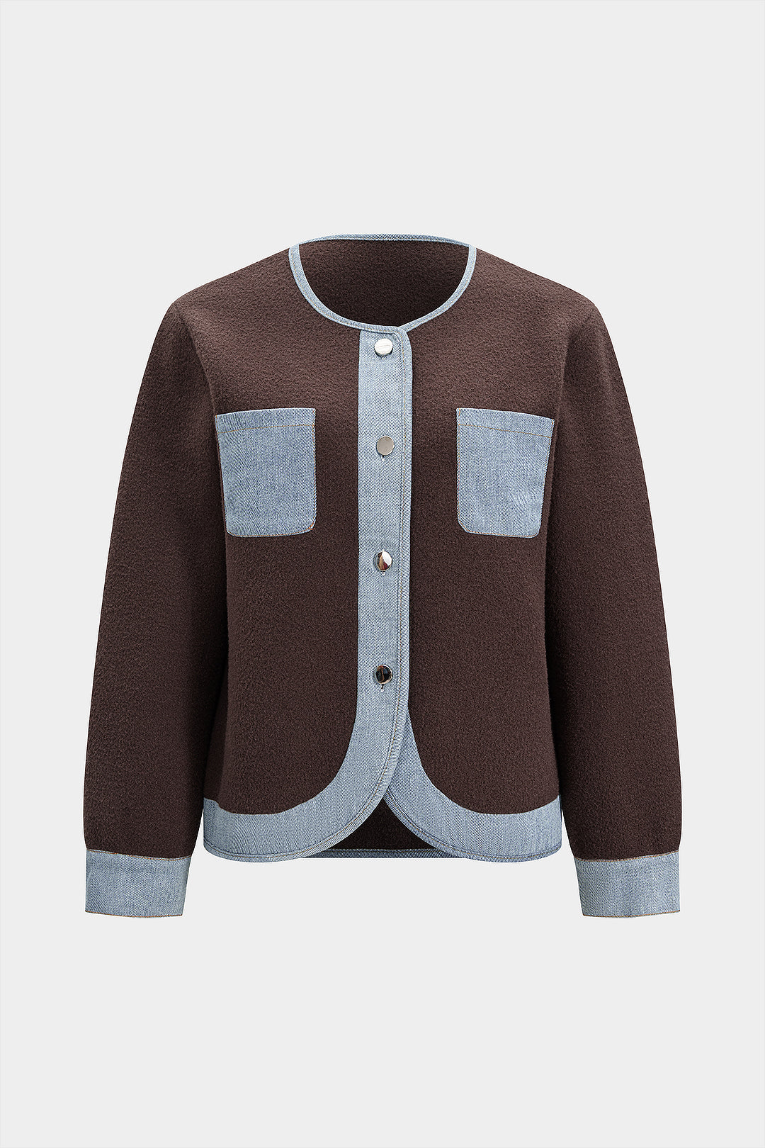 Strick-Denim-Patchwork-Cardigan mit Rundhalsausschnitt