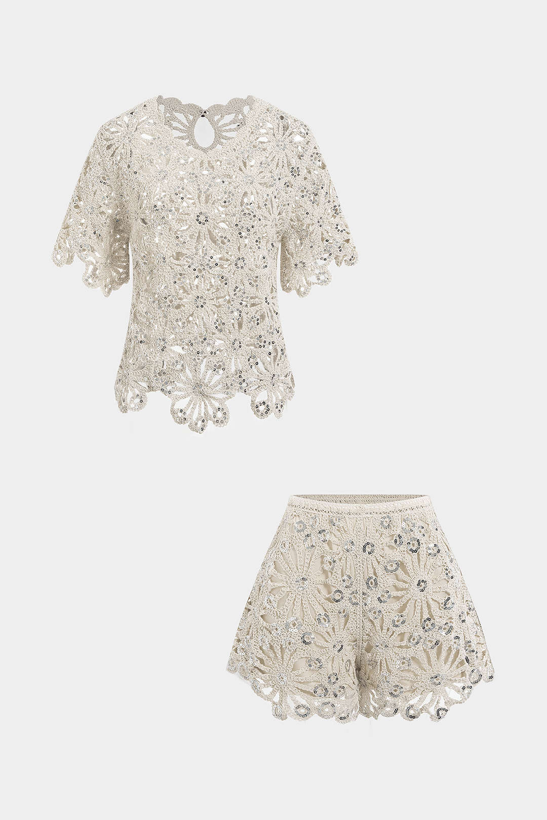 Ensemble Haut Manches Courtes Col Rond Brodé Paillettes Et Short Large