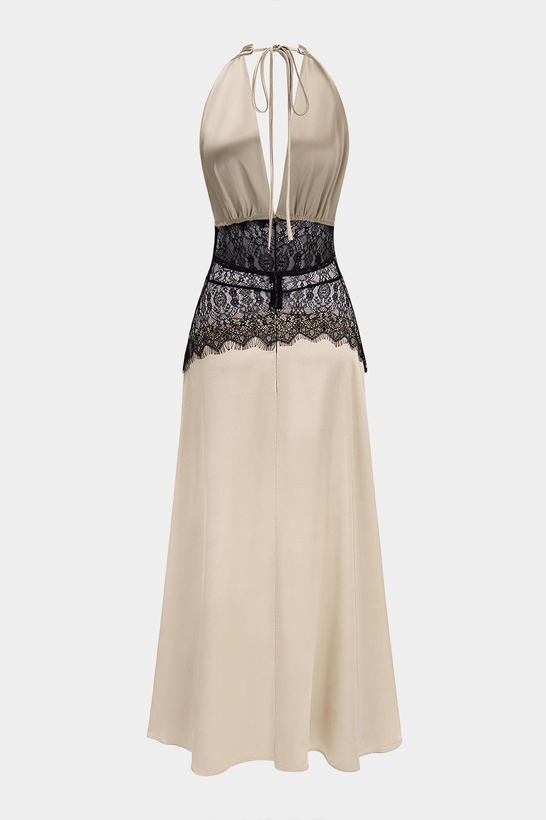 Satin Patchwork Lace Halter V-Neck Backless Maxi Dress